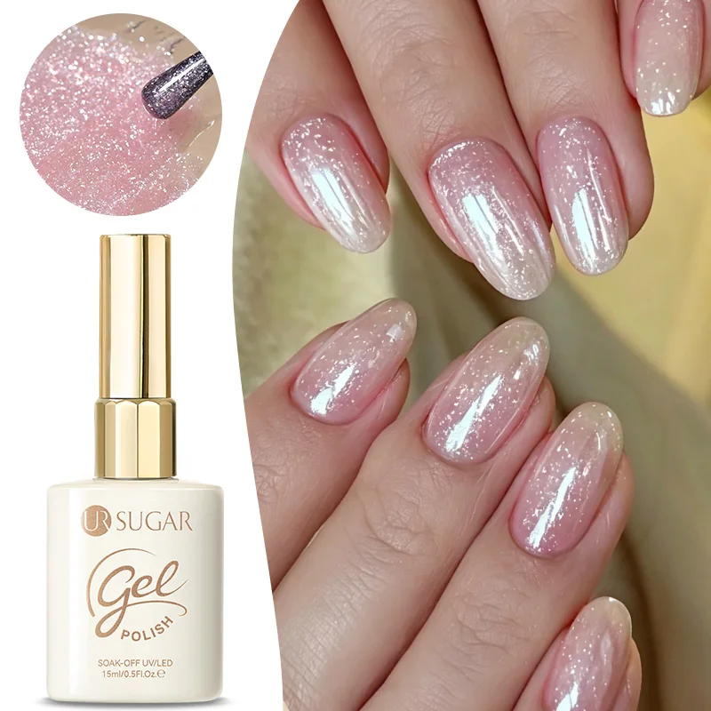 UR SUGAR 15ml Gel à ongles scintillant couleur semi-permanente, flocons roses et blancs, Nail Art, Gel UV LED à faire tremper, pour salon de manucure et DIY