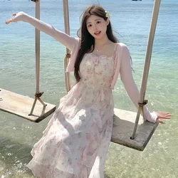 2024 Autumn 2PCS Sexy Spaghetti Strap Print Dress for Women A-line Long Dress Slim Fit Temperament Elegant Vacation Beach Dress
