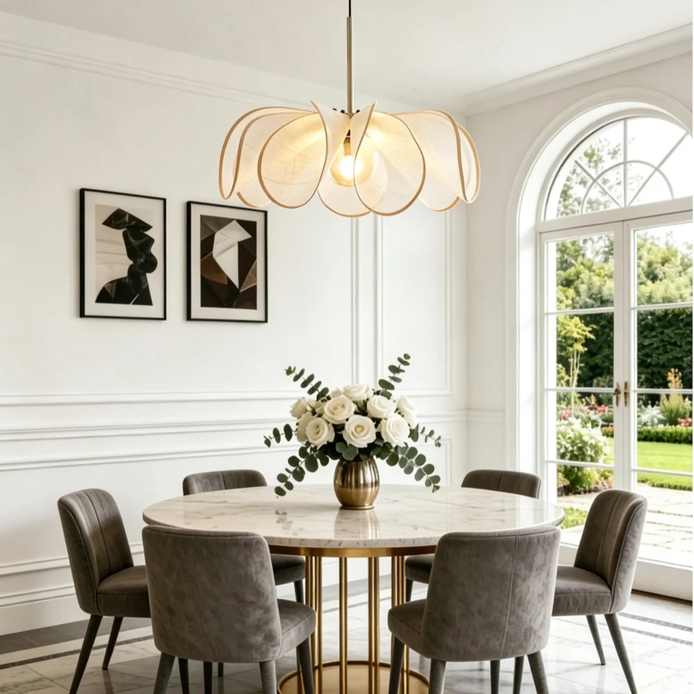 Vintage Fabric Pendant Lamp LED Hand-Woven Ruffled Petal Wabi-Sabi Chandelier Style for Dining Room Living Room Bedroom Homestay