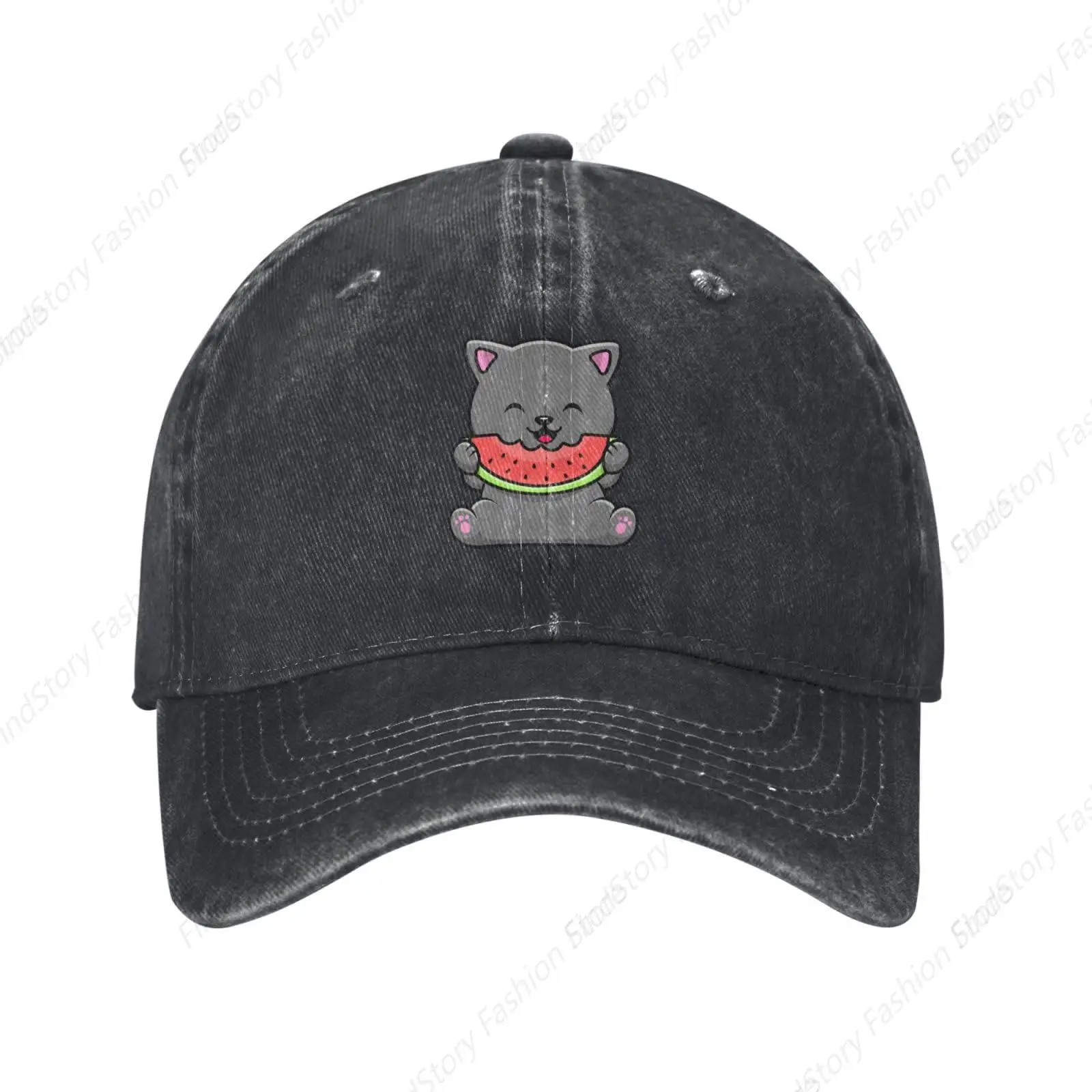 Cute Cat Eats Watermelon Baseball Cap Unisex Vintage Trucker Denim Hat Adjustable Cowboy for Men Women Casual Hip-hop Sports