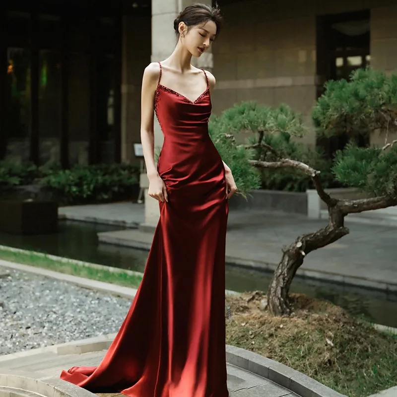 

Wine Red Trailing Dress Female Temperament Debutante Gala Dinner Engagement Bridal Strap Backless Fishtail Toast