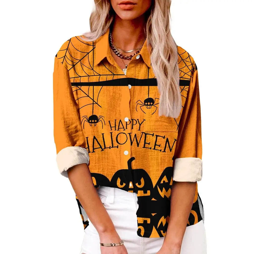 2024 casual lapel halloween shirt tops women hawaiian shirts women blouses 3d bat spider web print long sleeve shirts