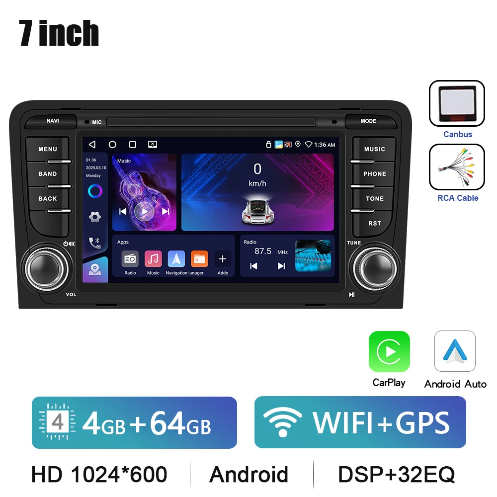 Podofo 7 "HD Touchscreen Autoradio Draadloze CarPlay Android Radio Voor Audi A3 Multimedia GPS FM WIFI Bluetooth Auto Intelligente