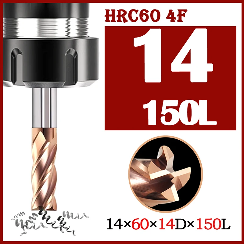 Cnc End Mill Alloy Coating Ferramenta de Corte de Aço de Tungstênio Flauta Fresa 14 mm 14 mm Hrc60 14x60x14 Dx150l