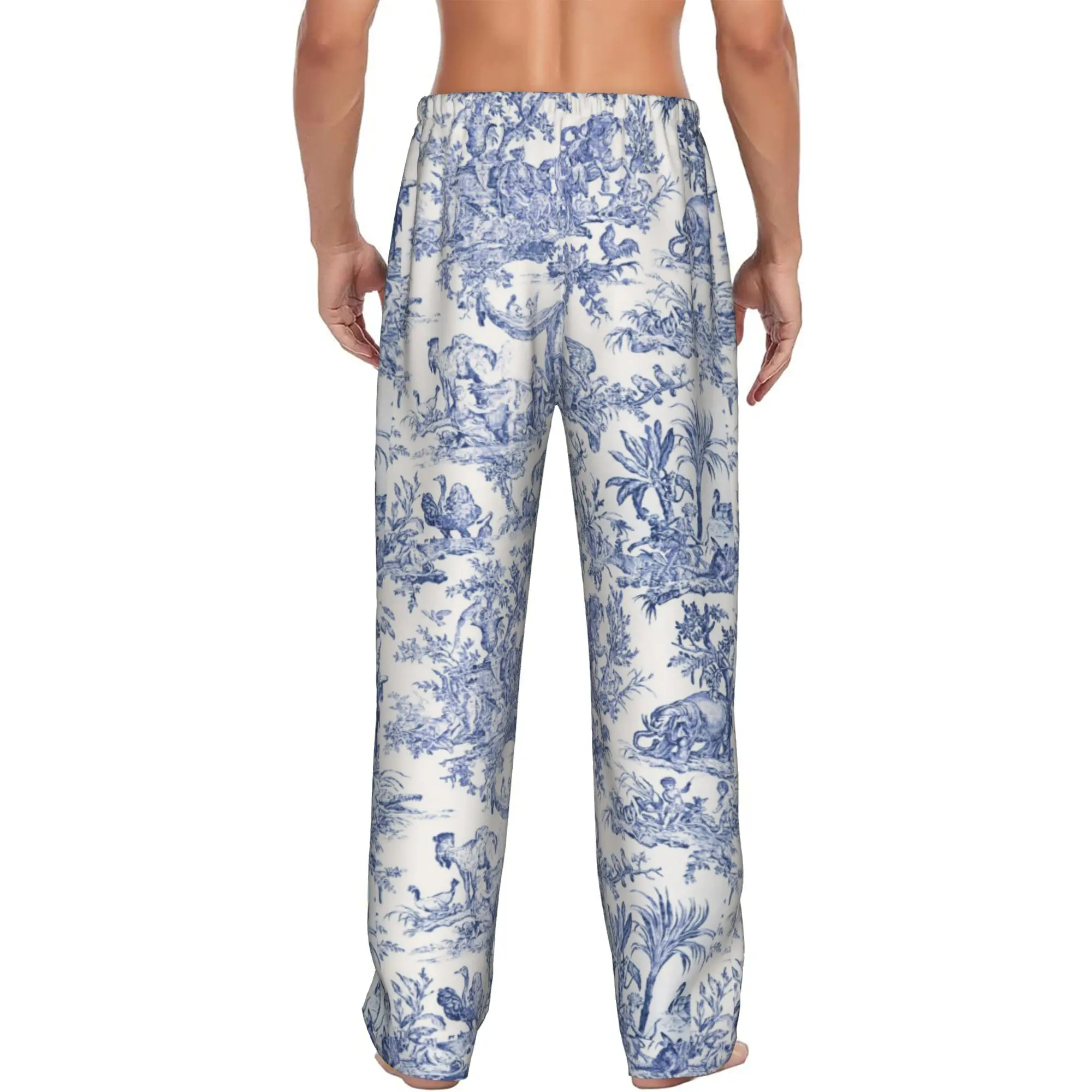Custom Print Men Navy Blue Toile De Jouy Pajama Pants French Countryside Floral Sleepwear Sleep Lounge Bottoms with Pockets view 3