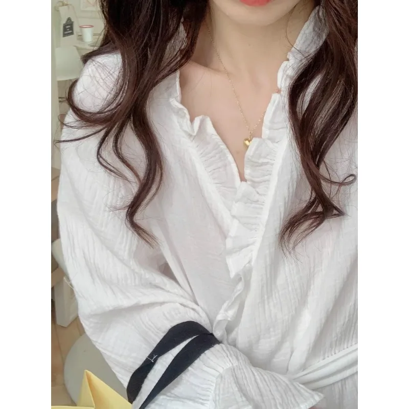 Bathrobe Women Shower Long-Sleeved Robe Autumn and Winter Simple Solid Ruffle Korean Version of the Student Pajamas Bath Rob