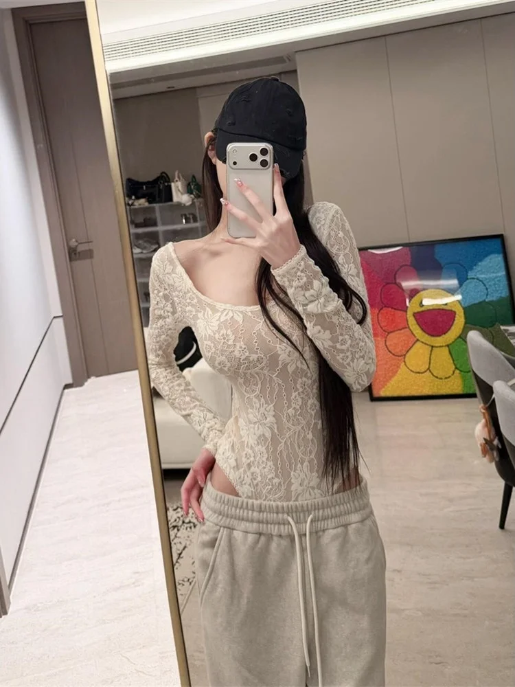 Pure Desire White Long Sleeve Lace Top Women's Slim Fit Base Shirt Sexy Spicy Girl Onesie Autumn Winter Inner Wear T-shirt