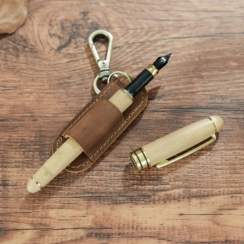 

Luxury Genuine Leather 1 Slots Pen Case with Removable Pen Tray Holder Keychain Case Office School Supplies Pouch Creative Gift