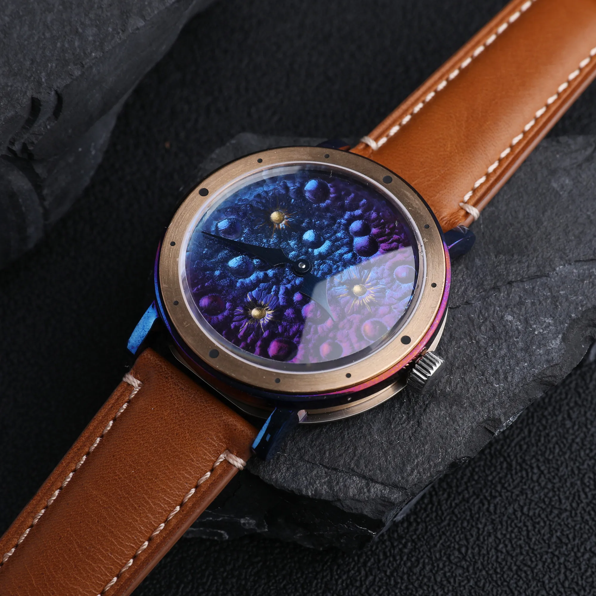 MysteriousCold 45mm Bronze Case Watch Moon Surface Meteorite Texture Sapphire Waterproof 100M 2824  Automatic Movement Watches