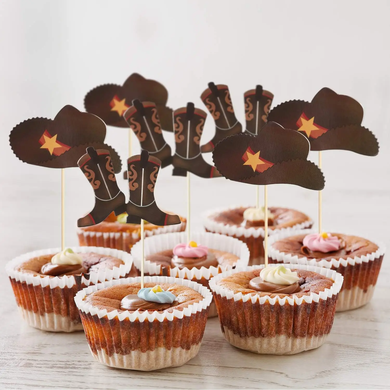 24 Stück Cupcake-Topper mit Cowboyhut und Stiefeln, Partyzubehör zum Thema Western, Geburtstagskuchen-Dekorationen, Babyparty-Picks – Detail 5