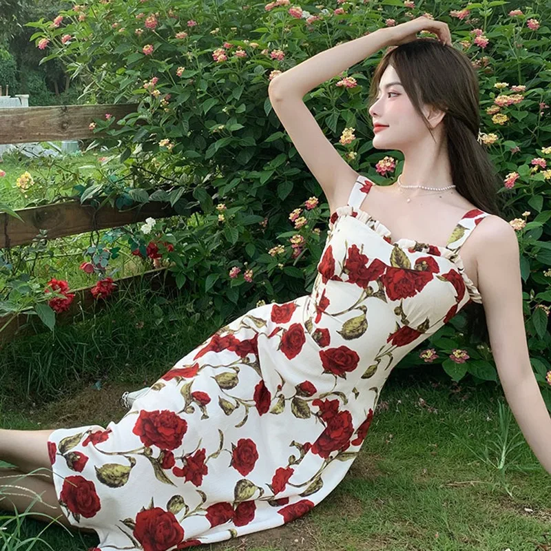 Floral Dress For  Women Long Sleeve Sweet  French Vintage Midi Dress  Evening Party Retro Elegant One Piece Dress Korean