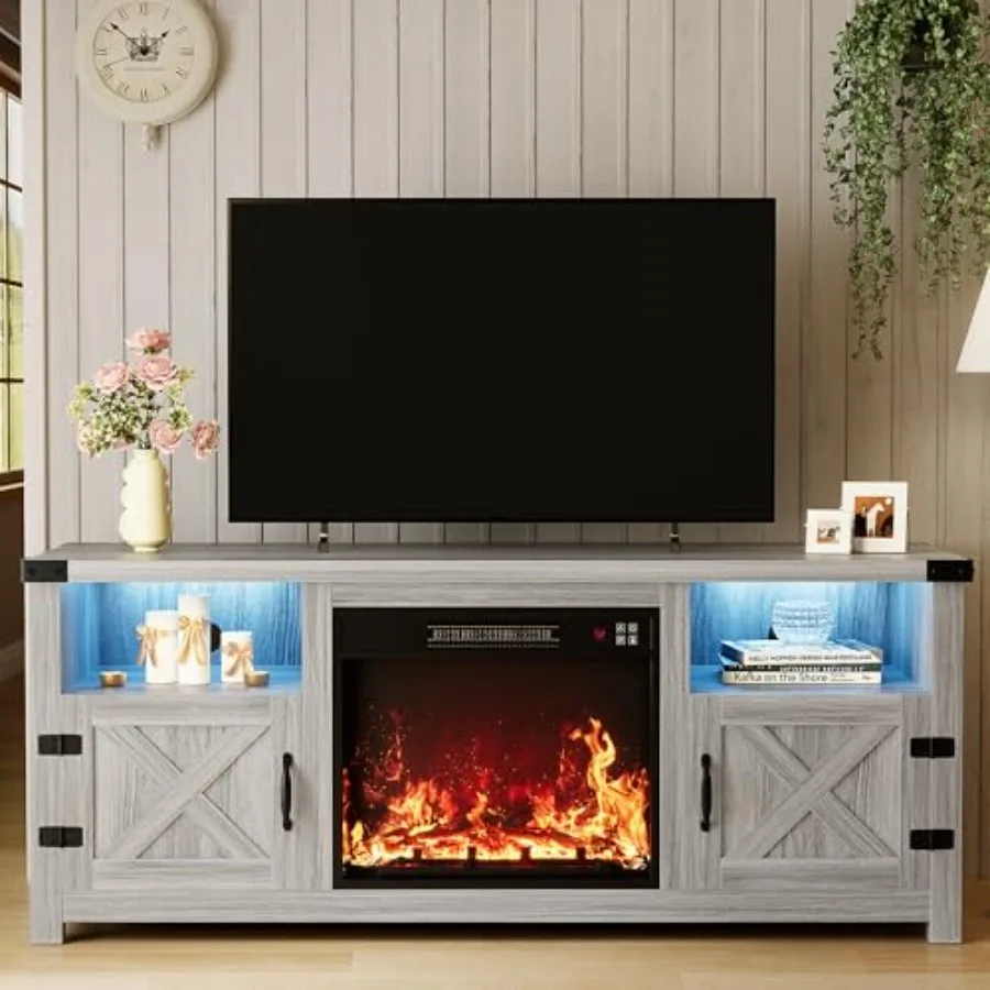 

YESHOMY LED Fireplace TV Stand with Mood Lighting TV Cabinet featuring Open Shelf and Hidden Cable Routing Farmhouse-Style Medi