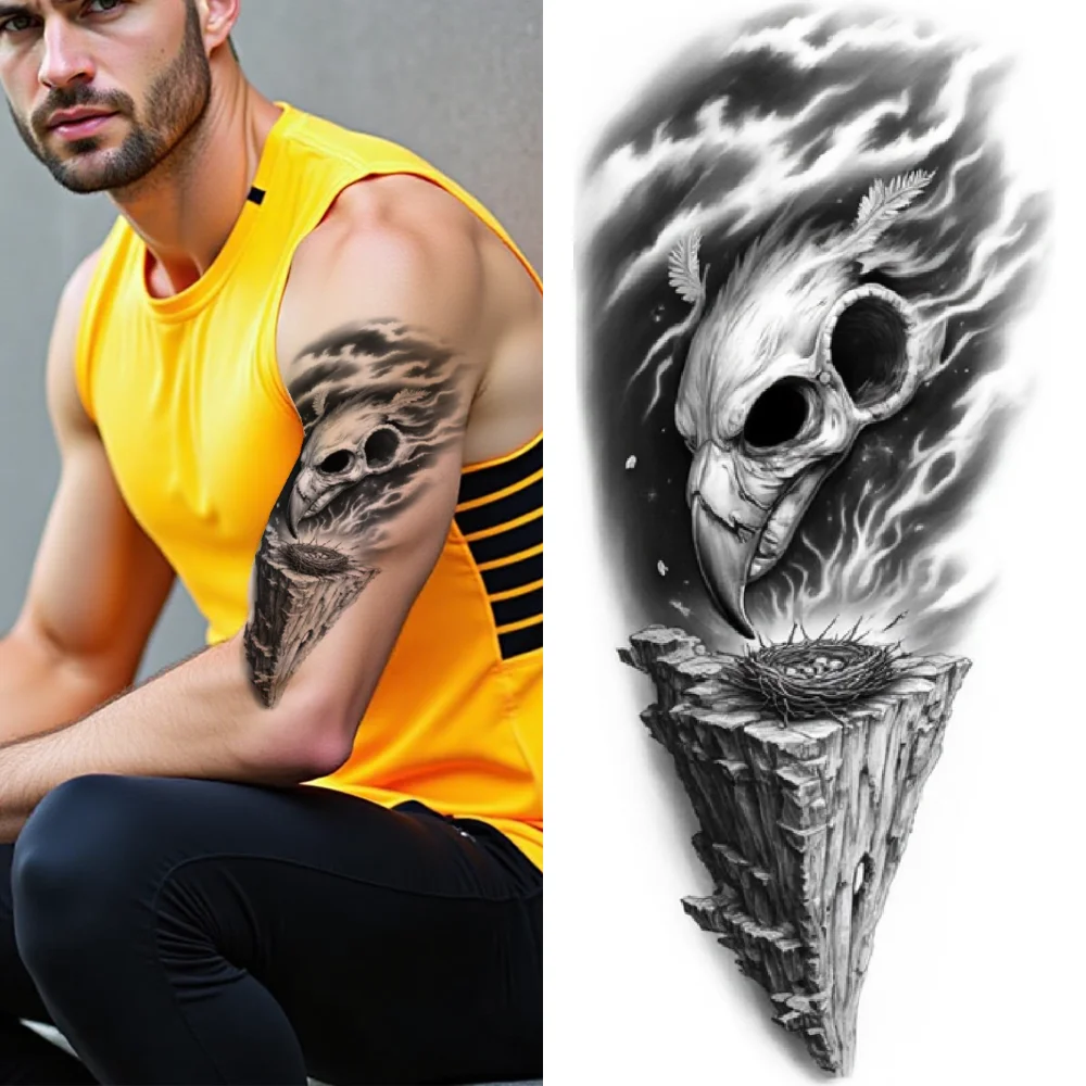 

3pcs Temporary Tattoo Serpent Skull Black And Grey Realism Hooded Skull With Orb Skeletal Bird Realistic Temporary Tattoos For