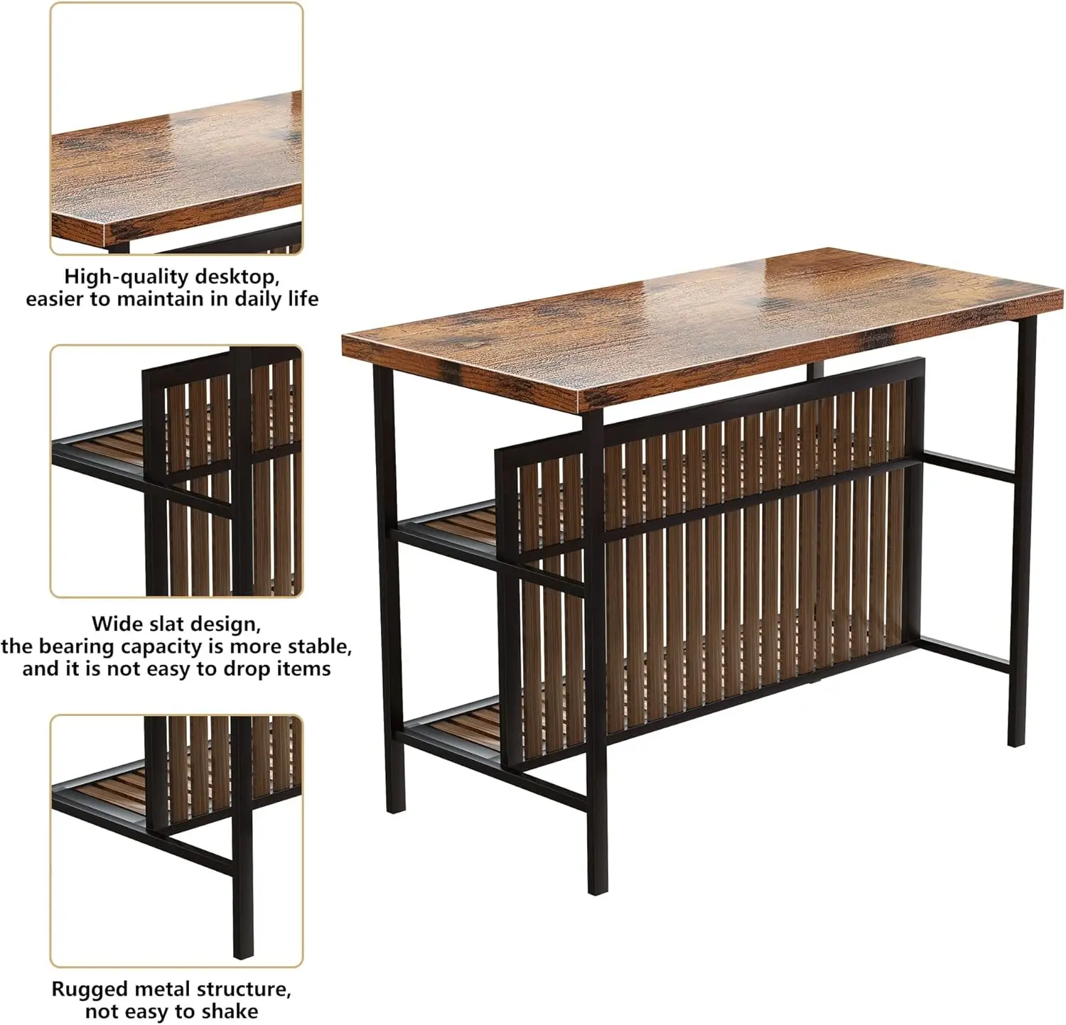 3-Piece Pub Set, Rectangular Table with Storage, 2 Bar Stools, Modern Counter Height, Faux Marble, Rustic Brown