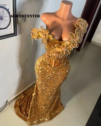 Sparkle Golden Aso Ebi African Evening Dresses Ruched Off The Shoulder Mermaid Formal Party Gowns Luxury Women 2025 Customized