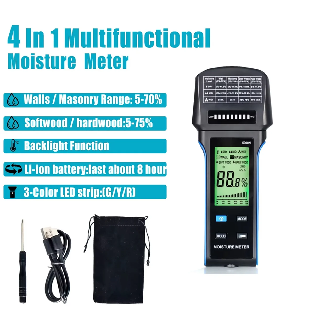 A04I Misuratore di umidità da parete Avviso automatico Misuratore di umidità ricaricabile Tester di umidità per cartongesso in legno 4 in 1, gamma 0-75% -5000N