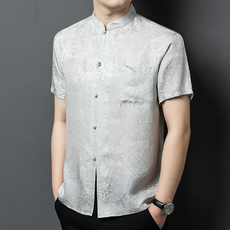 عالية الجودة الحرير الحقيقي الرجال دعوى قصيرة الأكمام قميص منتصف العمر فضفاض عارضة الجاكار النمط الصيني أبي الرجال