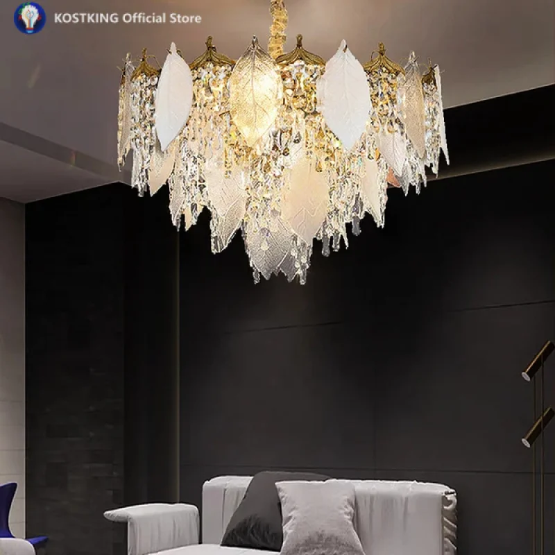 Porcelain Leaves Glass Chandeliers LED Crystal Hanging Lamps for Ceiling Modern Luxury Home Decor Light for Living Room Lustre
