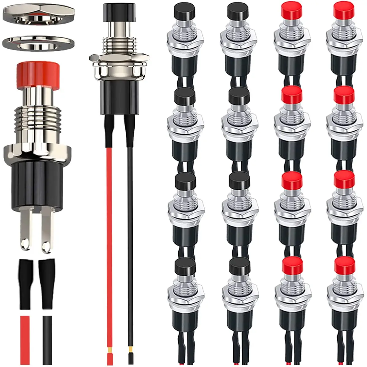 12Pcs 1A 250V AC 2 Pins SPST Black/Red Normal Open Mini Momentary Push Button Switch with Pre-soldered Wires