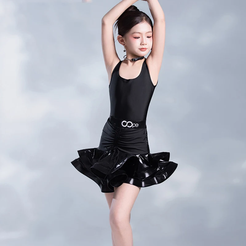 Meisjes Latin Danskostuum Kinder Samba Trainingskleding Prestatiekleding Latin Dans Lederen Visgraatrok Set XH2752