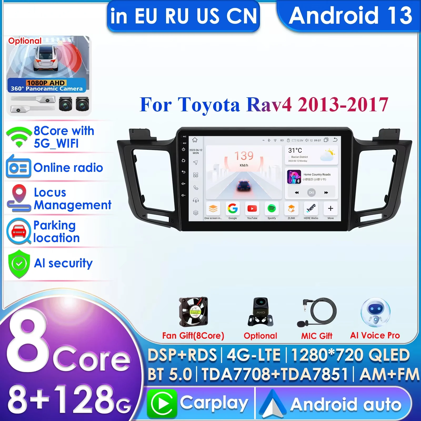 

8GB+128GB 2din Android for Toyota RAV4 4 XA40 5 XA50 2012 - 2018 Car Radio Carplay Multimedia Video Player Navigation Stereo GPS