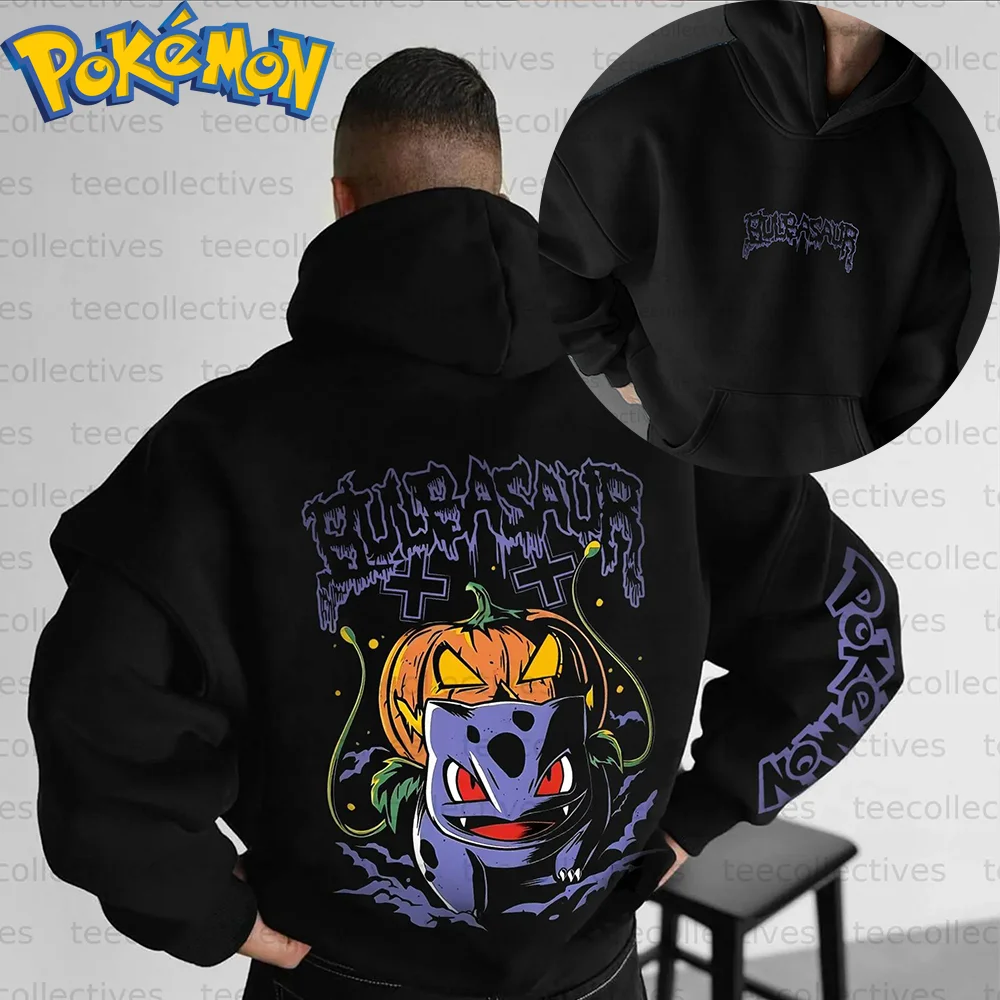 Pokemon Anime Bulbasaur Sudadera con capucha de algodón Color negro Estampado de personajes con diseño de cabeza de calabaza de Halloween Patrón morado Azul Naranja