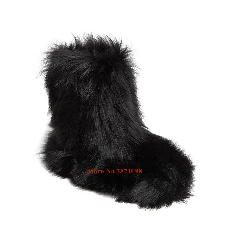 Black Brown Fox Fur Girls Fashion Color Block Fluffy Snow Boots Walking Comfort Non Slip On Round Toe Fuzzy Boot