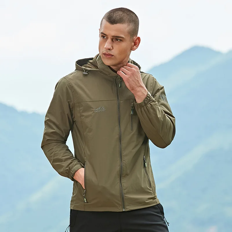 Men's Hiking Jacket Tactical Waterbreak Windproof Camping Climbing Tops Outdoor Hoodie Loose Solid Color Thin Coat Spring Autumn