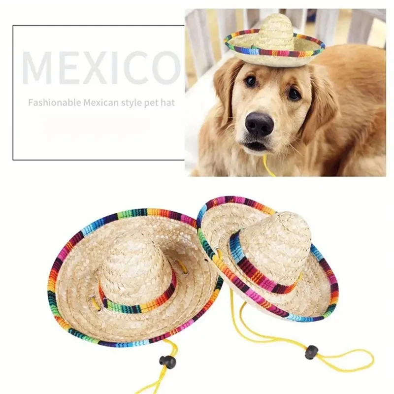 Summer Pet Knitted Straw Hat Mexican Style Foreign Shading Anti Falling Adjustable Ultra Small Size Mini Animal Accessories