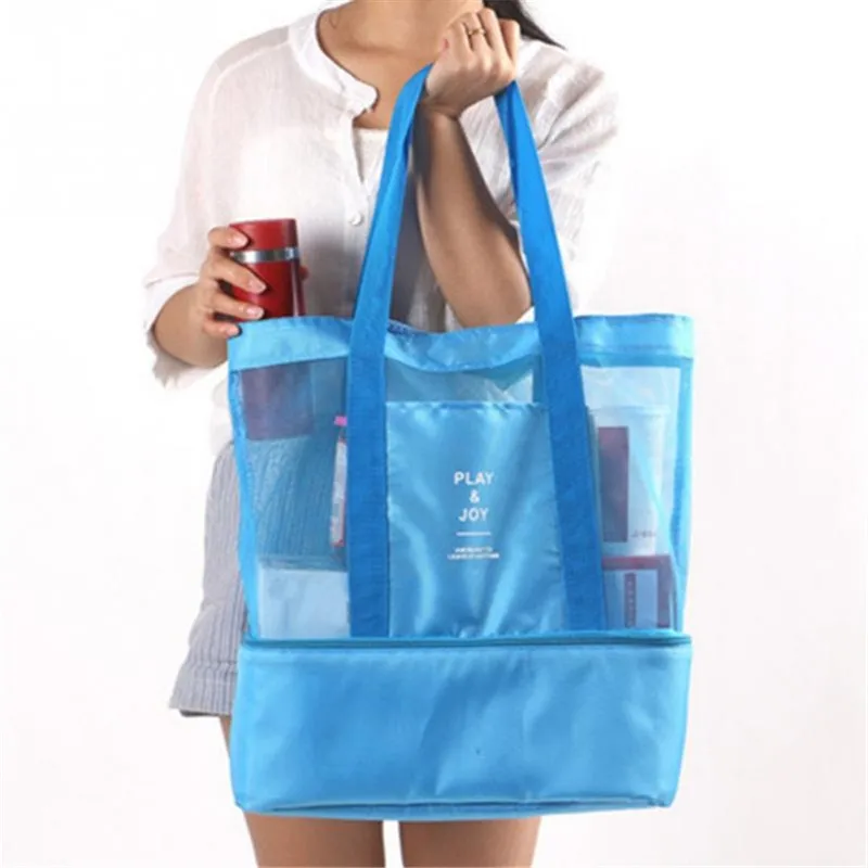 2 In 1 Women Large Mesh Beach Bag Transparent Double-layer Insulation Picnic Oxford Cloth Bag Holiday Shopping Park Sports Bags