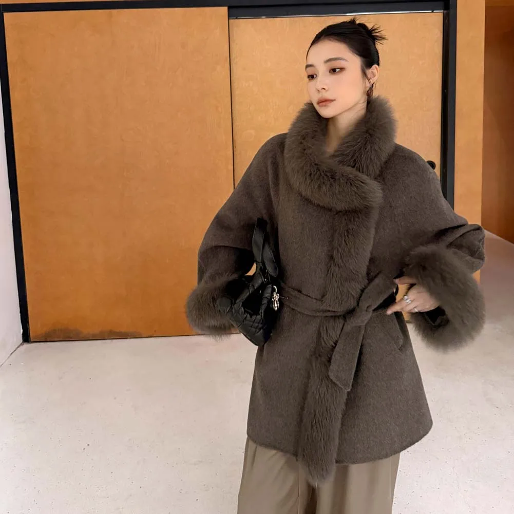 2025秋冬新作 両面ウールカシミヤコート ミドル丈 フォックスファー襟付き ウールコート レディース