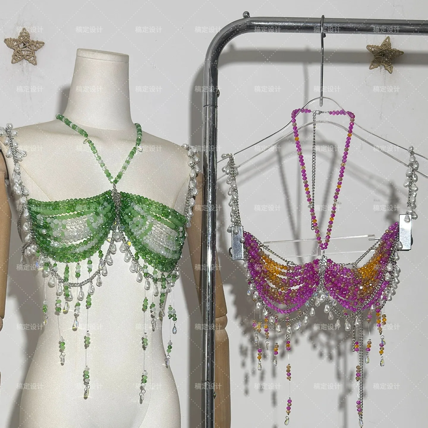 European And American Sexy Lingerie Performance Clothing Heavy Industry Bra Chest Wrapped Acrylic Diamond Bead Body Chain