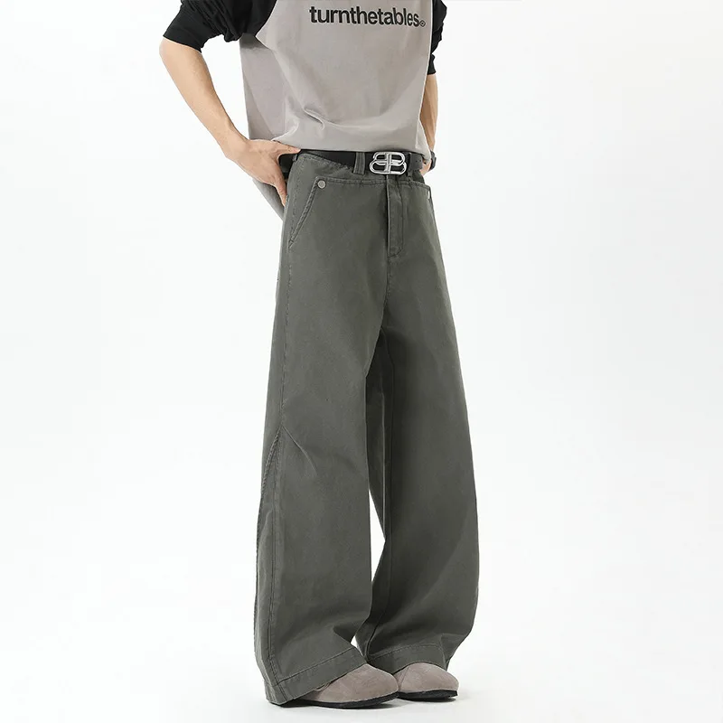 WTHT 패션 남성 솔리드 컬러 패치 워크 버튼 디자인 데님 바지 빈티지 2025 여름 하이 웨이스트 스트레이트 청바지 남성 2A0781