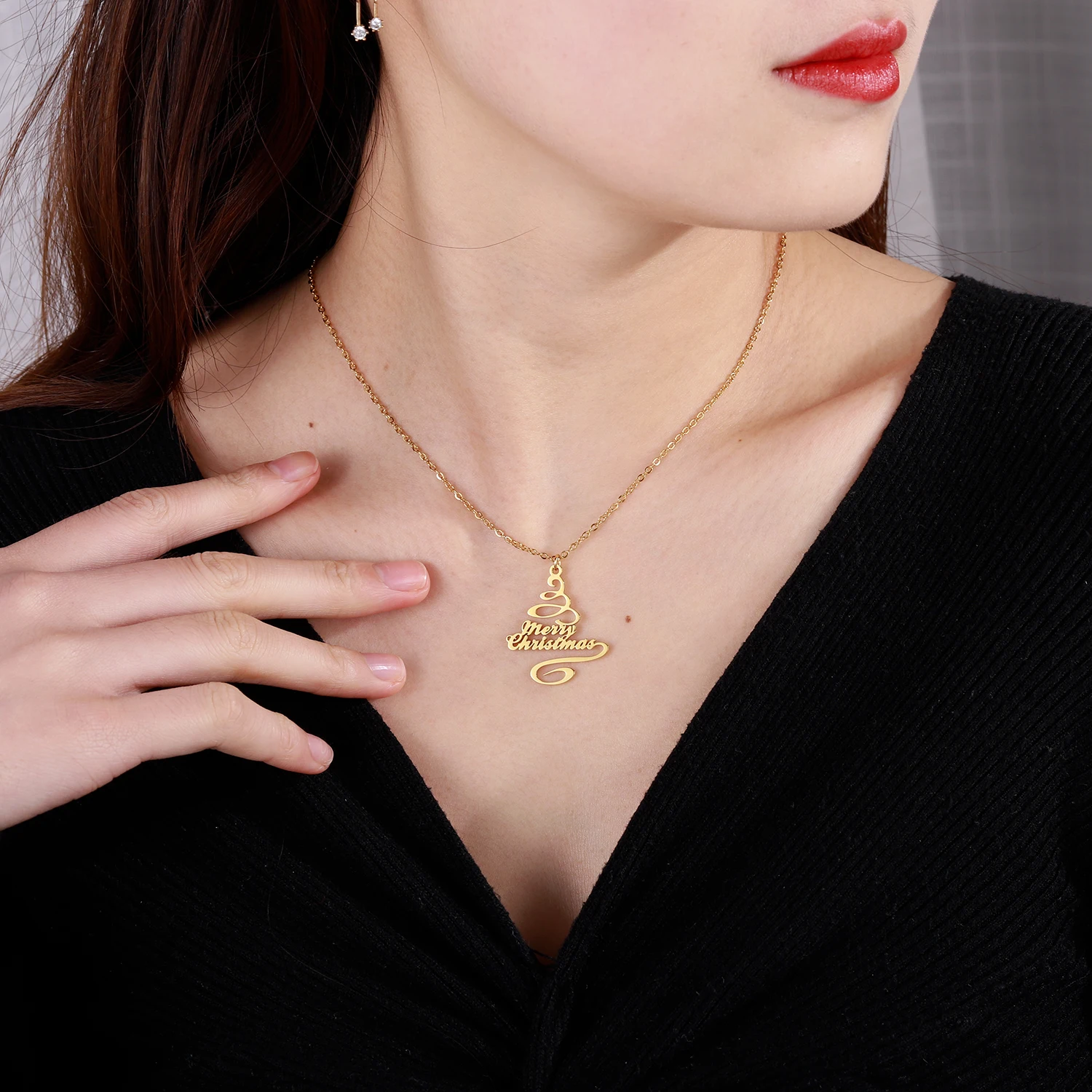 

Custom Two Names Necklace 18K Gold Plated Stainless Steel Christmas Tree Design Personalized Pendant Christmas Gifts for Women