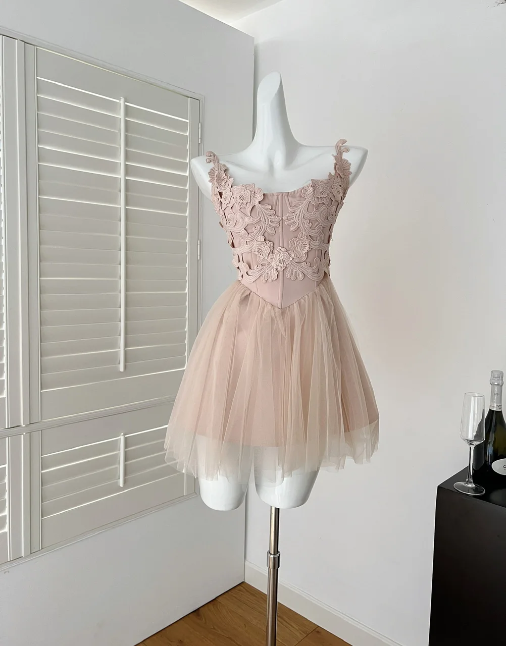 

Summer Women French Vintage Spaghetti Strap Mini A-line Dress Mesh Patchwork Frocks One-Piece 2000s Evening Party Shoujo Gyaru