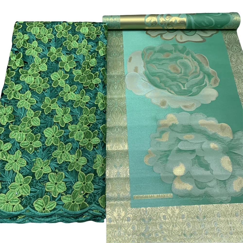 5 Yards Luxury African Perforated 100% Cotton Lace Fabric Embroidery And 3D Sego Gele Hayes Headtie Wrap 2Pcs - Lace Material WF