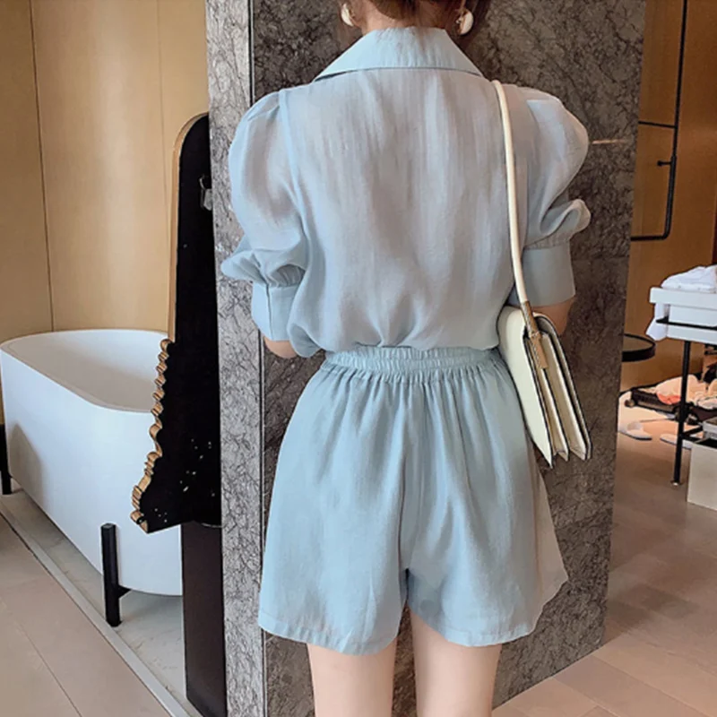 Summer New Fashion Solid Chiffon Two Piece Set Puff Sleeve Pockets Casual Lady Chic Blouse and Short Suits Korean Female Clothes