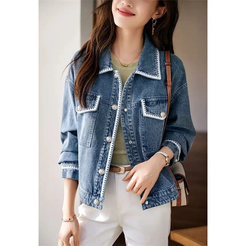 Jaqueta jeans para redução de idade feminina, casaco versátil com fita, top feminino, casual, nova moda, primavera e outono, 2024