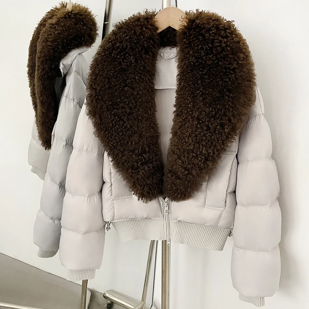 OFTBUY Winter Quality Detachable Real Lamb Fur Collar Coat Women Duck Down Jacket Female Short Puffer Coat Insulated Outerwear