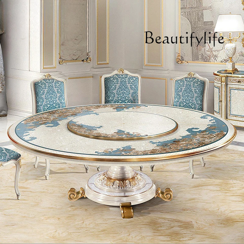 Luxury European retro solid wood carving flower table top inlaid shell art parquet round dining table