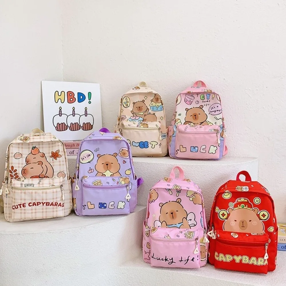 

Cute Thickened Capybara Backpack Wide Straps Nylon Cartoon Animal Daypack Foldable Lightweight Children School Bag Gifts