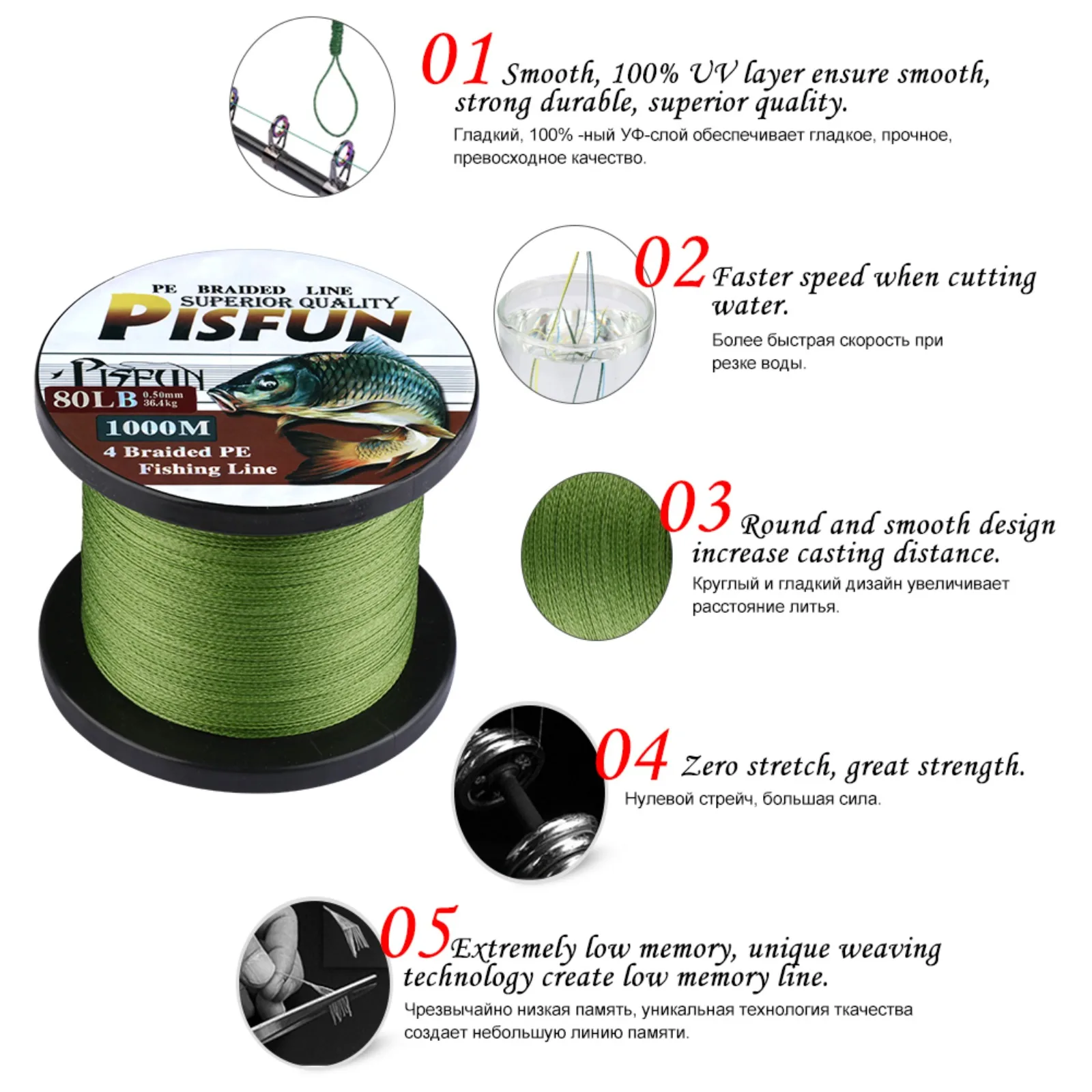 

PISFUN 4 Strands PE Braided Lure Fishing Line 500M 12-80LB Super Tensile No Stretch Abrasion Resistant Wire Fishing Gear