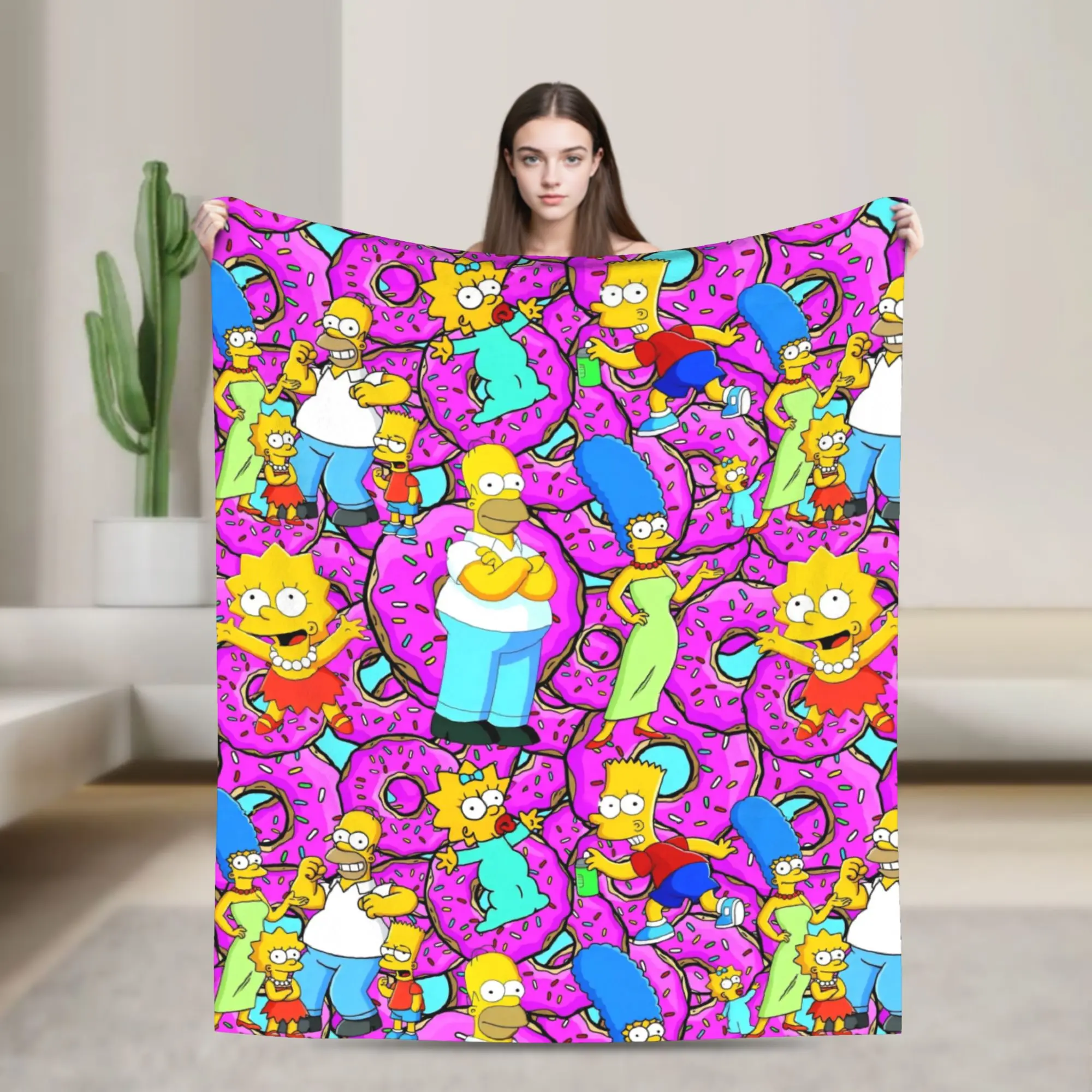 Hot Pink Doughnuts Blanket The S-Simpsons Airplane Travel Flannel Throw Blanket For Couch Bed Warm Quality Bedspread Gift Idea