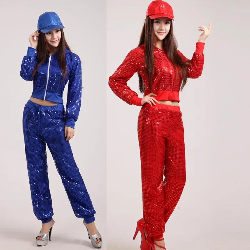 Ragazza donna moderna paillettes Hip Hop danza top + pantaloni Costume uomo Party Performance dance wear adulto Jazz dance abbigliamento costume