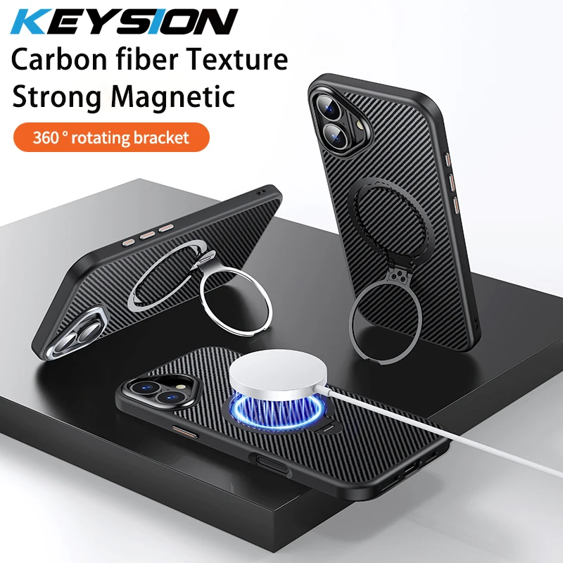 

KEYSION Carbon fiber Texture Case for MagSafe for iPhone 16 16 Plus 360 ° Rotating Magnetic Ring Stand Shockproof Phone Cover