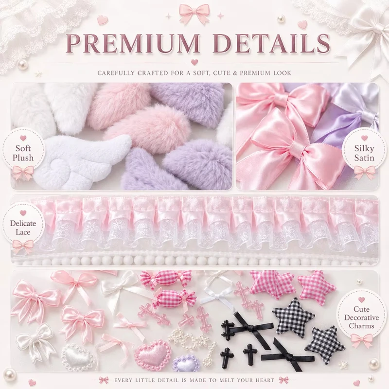 Lolita DIY Handmade Decor Kit, Lace Ribbon Bow Angel Wing Bunny Ear Charms, Anime Badge & Ita Bag Ornament Accessories