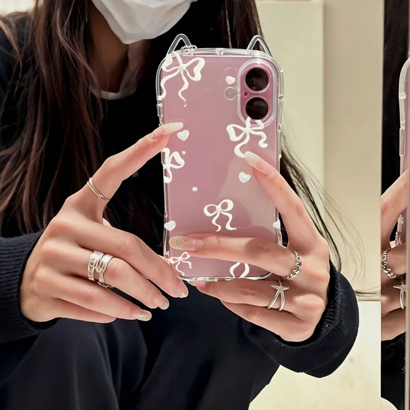 Cute White Bow Print Phone Case for IPhone 17 16 15 14 13 12 11 Pro Max Air 16 Plus Cartoon Cat Ears Soft Clear Cases Coque
