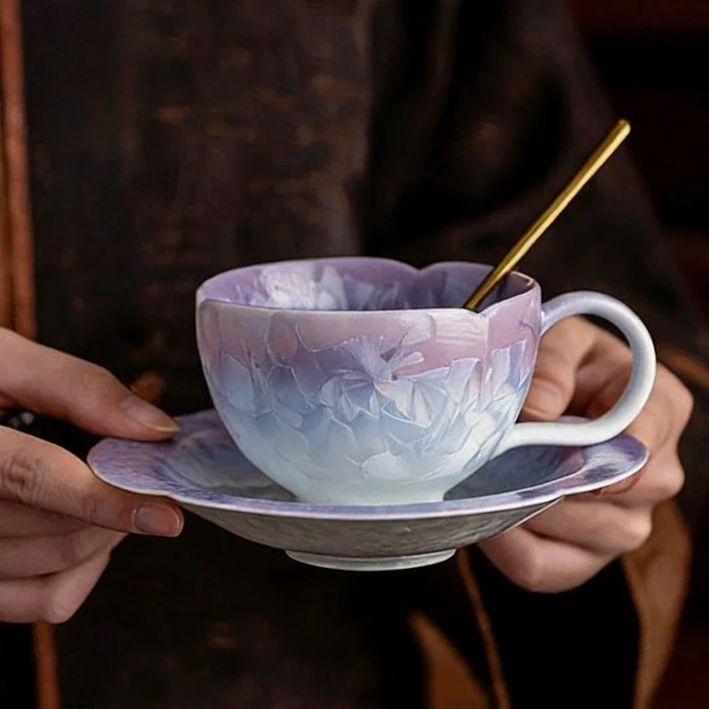 CLL kiln change gradual change color lace coffee cup with coaster crystal glaze women's ceramic personal cup