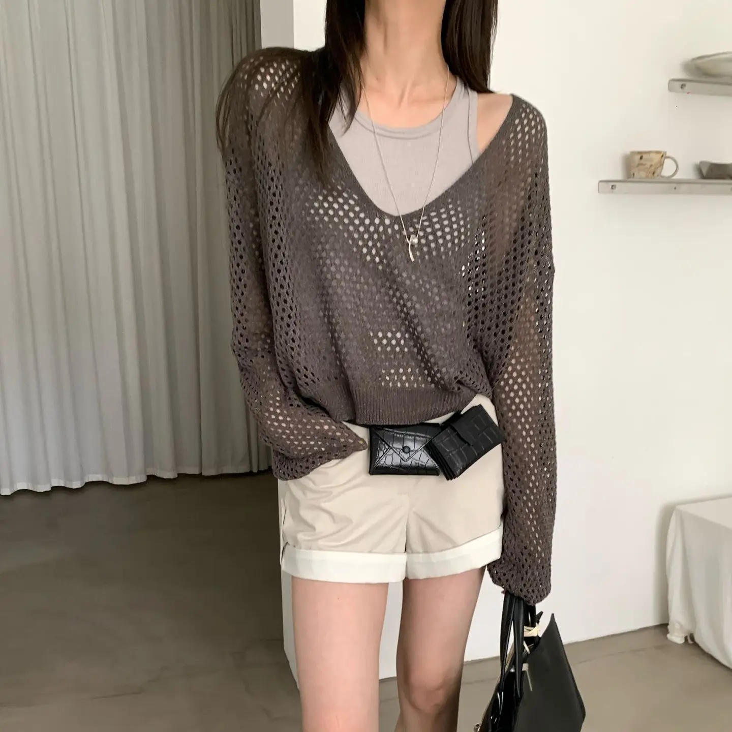 

Lightweight Sun Protection Knitted Two-Piece Set Strap Vest Loose Lazy Linen Hollow out Cover up Summer Fashion Women's Ensemble