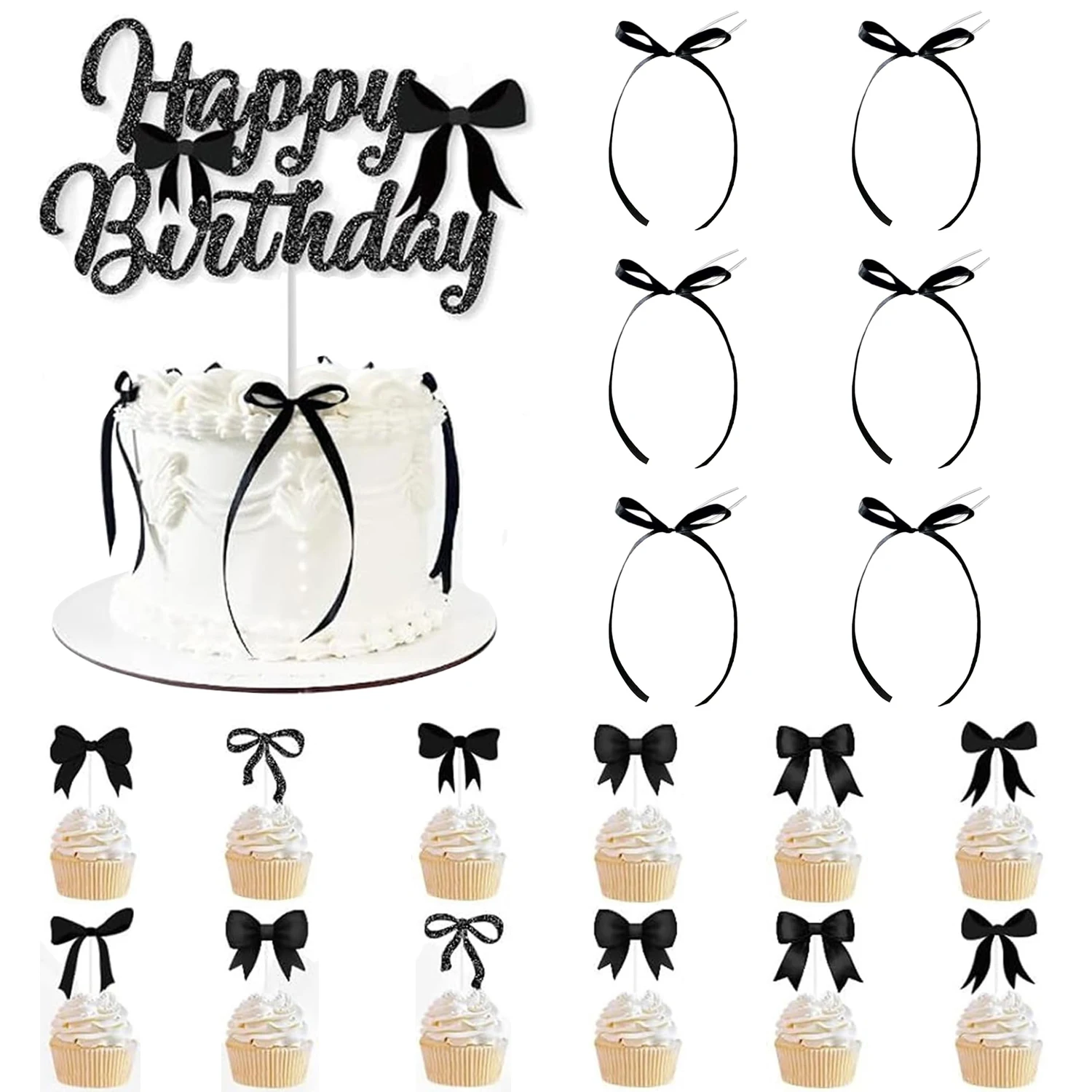 19 piezas de decoración de pastel con lazo, decoraciones de pastel de cumpleaños con lazo negro, rosa y azul, adorno para pastel de feliz cumpleaños con lazo, tema de lazo
